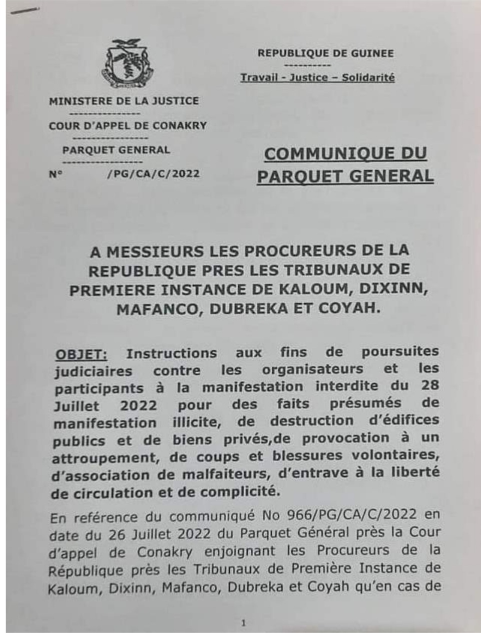 Communiqué du parquet général de Conakry 